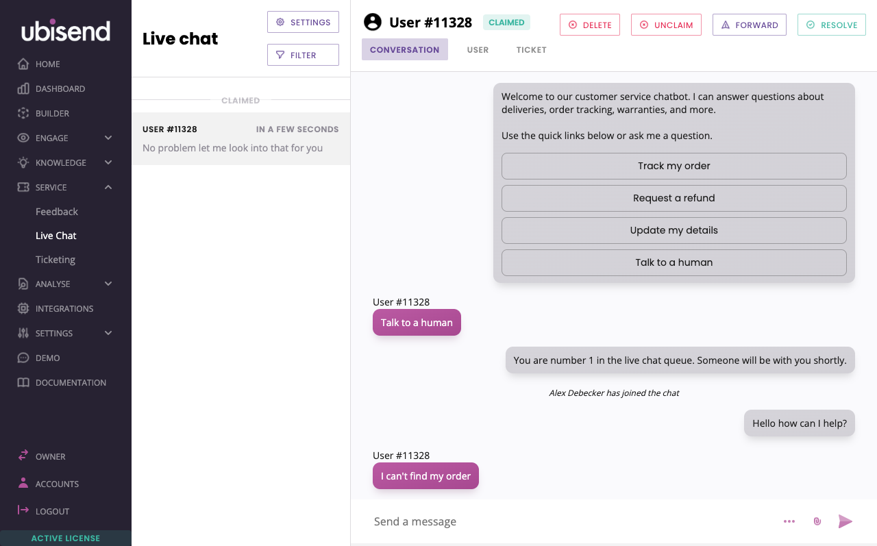 ubisend live chat customer support